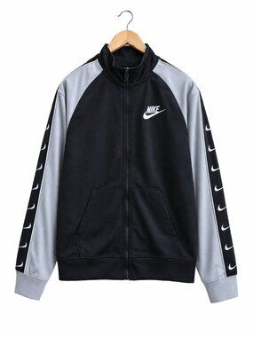 Nike Boys Track Jacket Youth 7 Black Gray Full Zip Swoosh Logo Athletic Warm Up